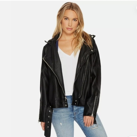 Free People Jackets & Blazers - Free People black faux leather vegan moto motorcycle zip up hooded jacket sz S
